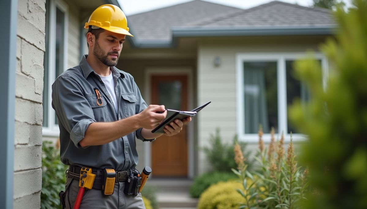 Structural inspector in a hard hat taking notes on a clipboard outside a home