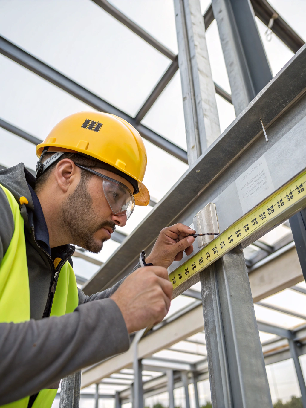 Close inspection of residential timber floor joists and load-bearing steel beam